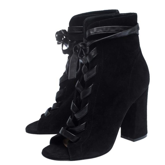 Gianvito Rossi Marie Velvet Ankle Boots Lace Up Open Toe - Picture 1 of 13